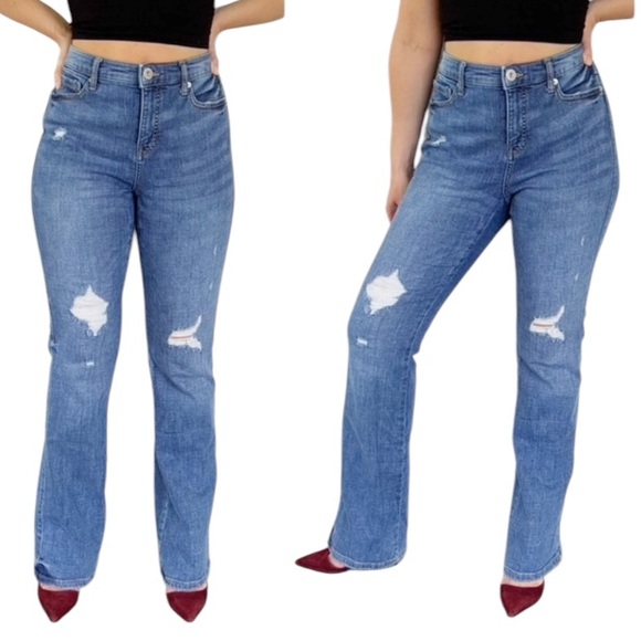 INC Denim Elizabeth boot cut medium wash distressed high rise jeans size 10/30 - Picture 1 of 10